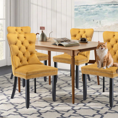Modern Velvet Wingback Tufted Solid Wood Upholstered Dining Chairs,Yellow