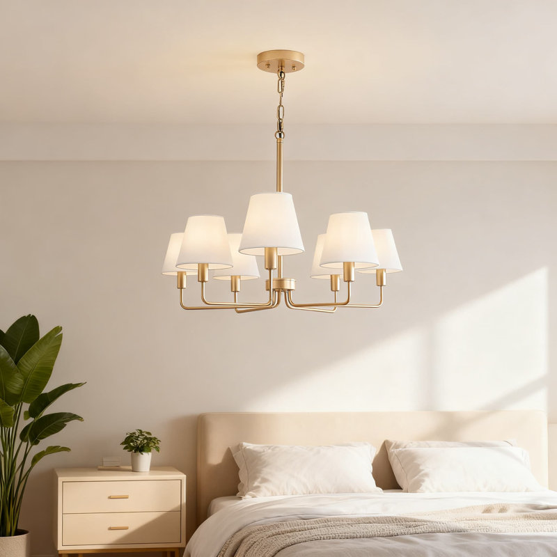 Modern Farmhouse Chandelier With White Fabric Shade, 5-Light Adjustable Height Industrial Pendant Light Fixture For Dining Room Kitchen Island Foyer Entryway