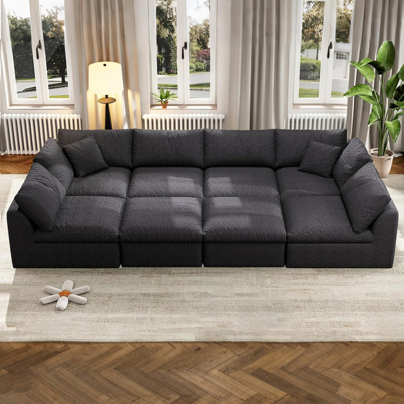 Canapé modulaire à compression modulaire, canapé modulaire Cloud avec assise profonde, canapé rembourré sans os pour la chambre à coucher du salon (noir, 6 places + 2 repose-pieds)