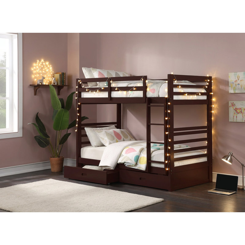 Lit superposé simple au-dessus de simple avec 2 tiroirs, lit superposé en bois massif avec échelle et garde-corps, espresso