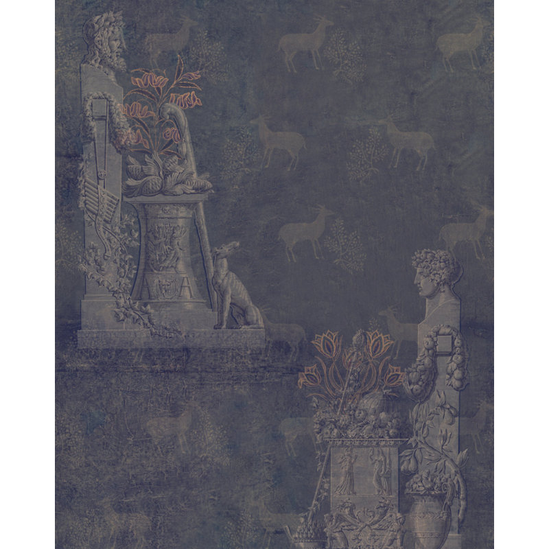 Le Manoir Toile Wallpaper Roll, Anthracite/Taupe/Blue