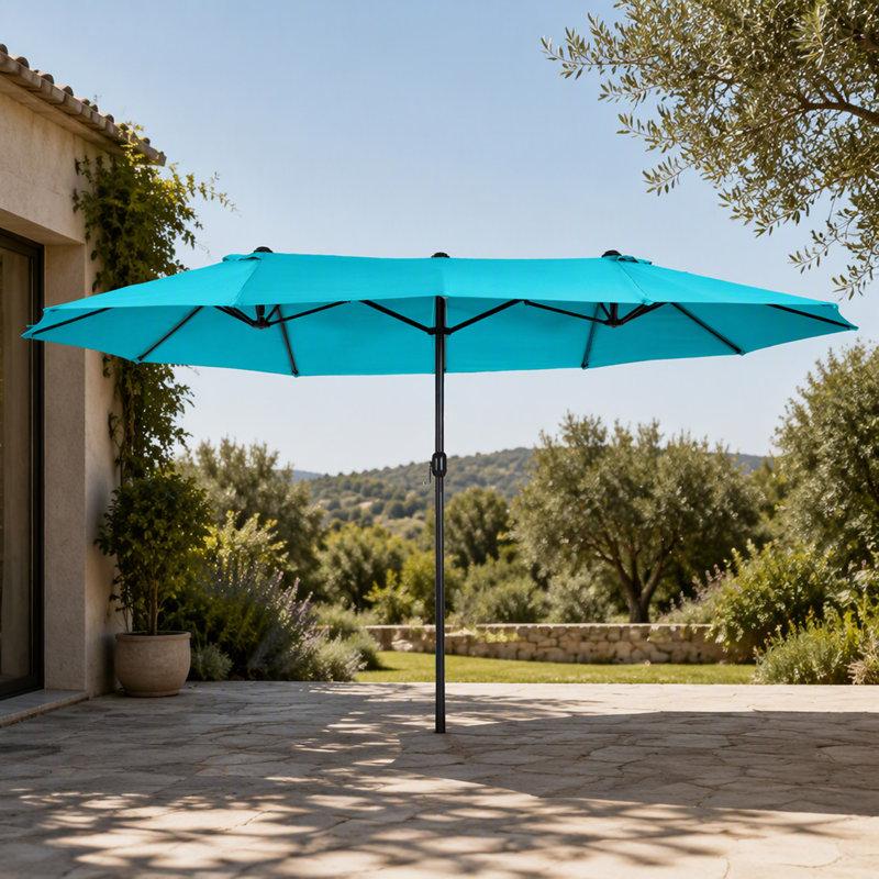 Très grand parasol d'extérieur double face de 15 pi avec manivelle et bouches d'aération pour la cour, la terrasse et la piscine