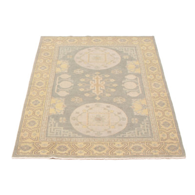 Tapis oriental jaune / gris en laine noué à la main 4 pi x 6 pi Anatolian