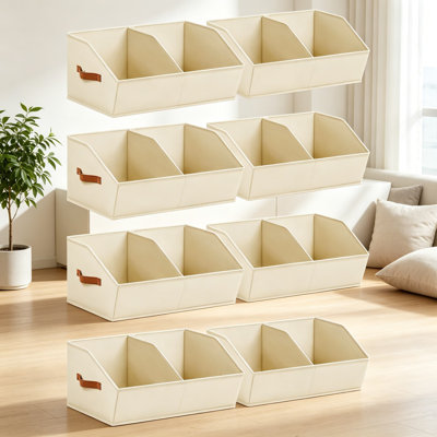 8 Pack Collapsible Divided Trapezoidal Storage Bins with Handles for Closet Organization, Clothes, Blankets, Toys, Books, and Towels, Beige