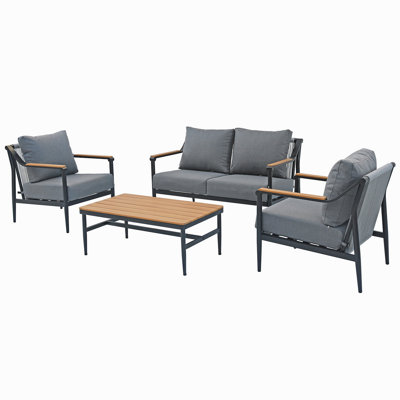 Ensemble de mobilier d'extérieur 4 pièces, ensemble de conversation avec cadre en aluminium avec coussins en oléfine et table basse à grain de bois, capacité de 330 lb pour le patio, la cour, le balcon, le jardin