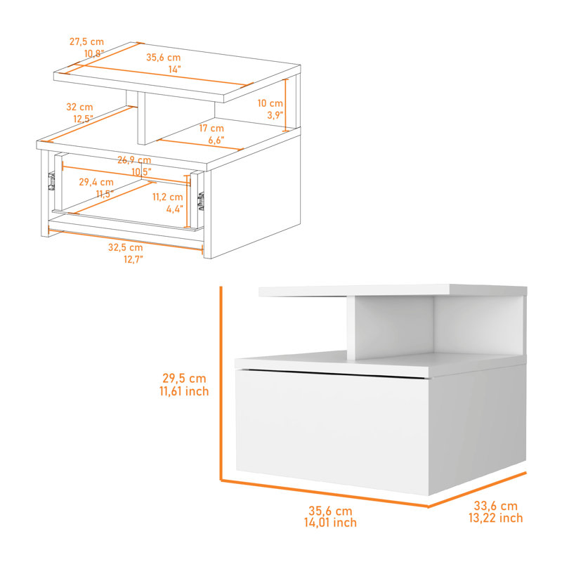 Chambre à coucher blanche 1 table de chevet flottante avec 2 tablettes peu encombrantes et modernes, Blanc