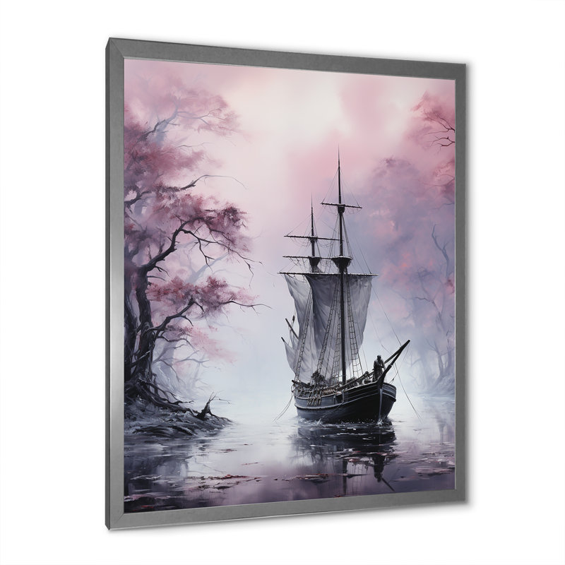 Mystic Pirate Boat Voyage I - Bateau côtier, art mural, Cadre simple argenté, H 32 po x l 24 po x P 1 po