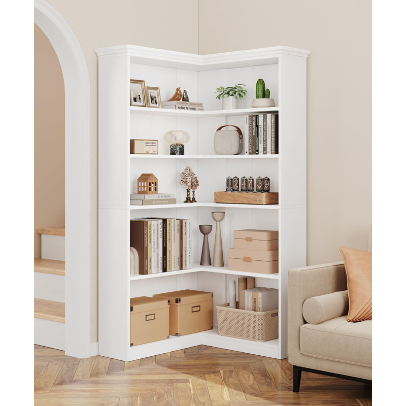 Corner Bookshelf 72.8in Farmhouse Bookcase Large Bookshelves Wood Bookcase Tall 5 Tier Corner Shelf L Shaped Bookshelf Storage Display Rack Living Room Bedroom