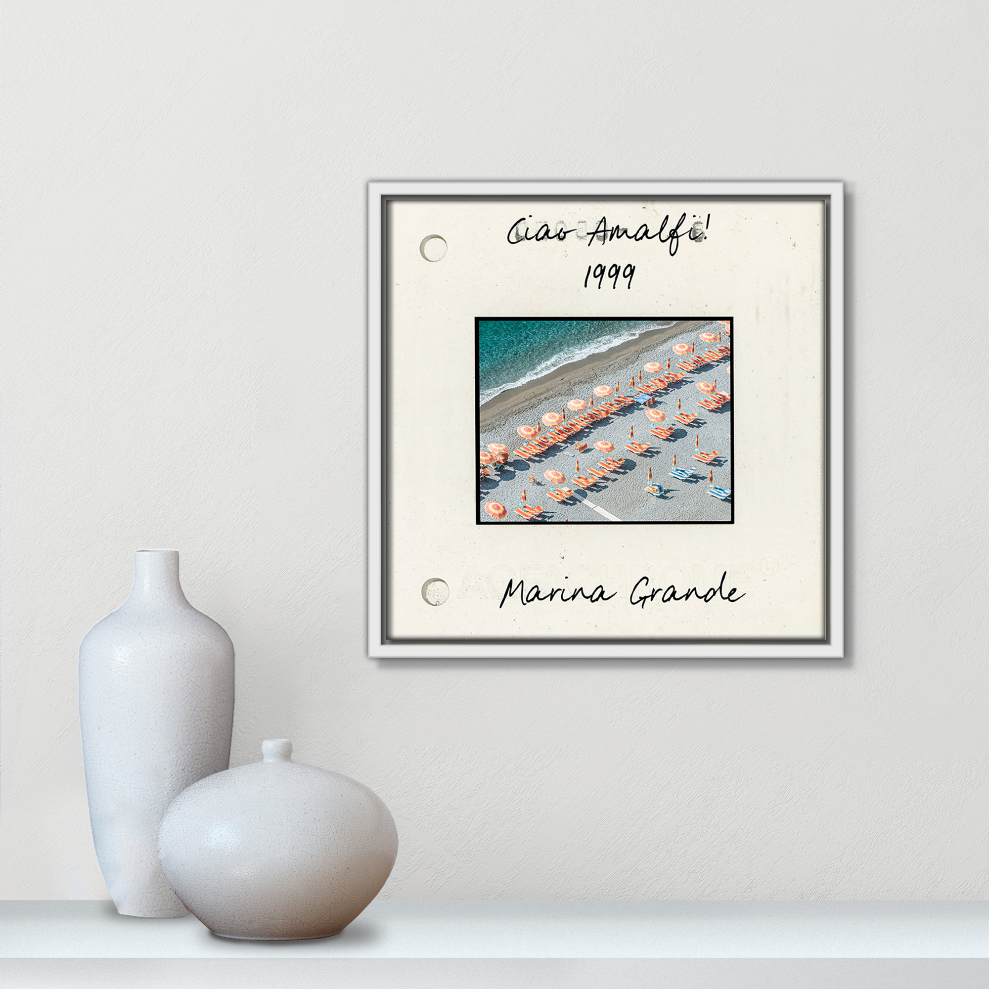 Amalfi, Italy - Marina Grande Print by Danita Dalmont, White Floater Framed Canvas, 13.5" H x 13.5" W x 2" D