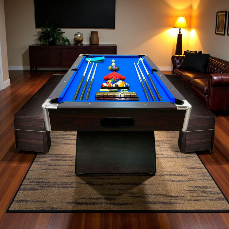 Table de billard professionnelle 8 pi avec feutre bleu, retour de balle et 2 bancs de rangement BELLAGIO