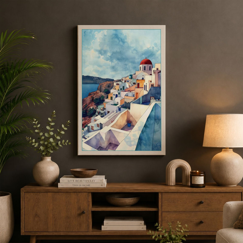 Mediterranean Clifftop Coastal - Wrapped Canvas, 36x24 - 91.4 x 61.0 cm, Terracotta Border