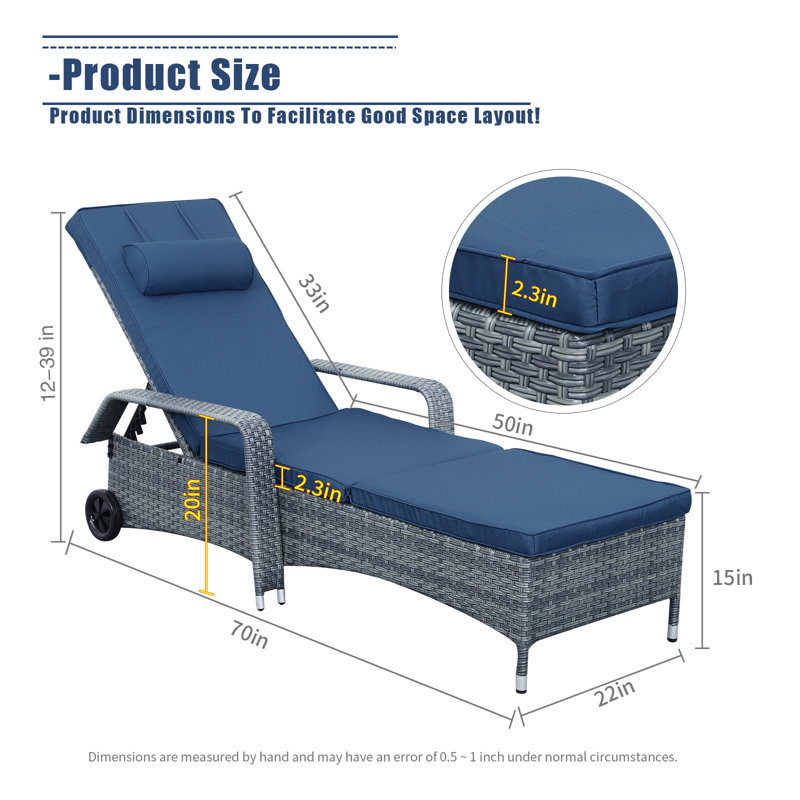 Chaise longue simple en osier avec roulettes et coussins d'accoudoirs Gerritt, Bleu marine