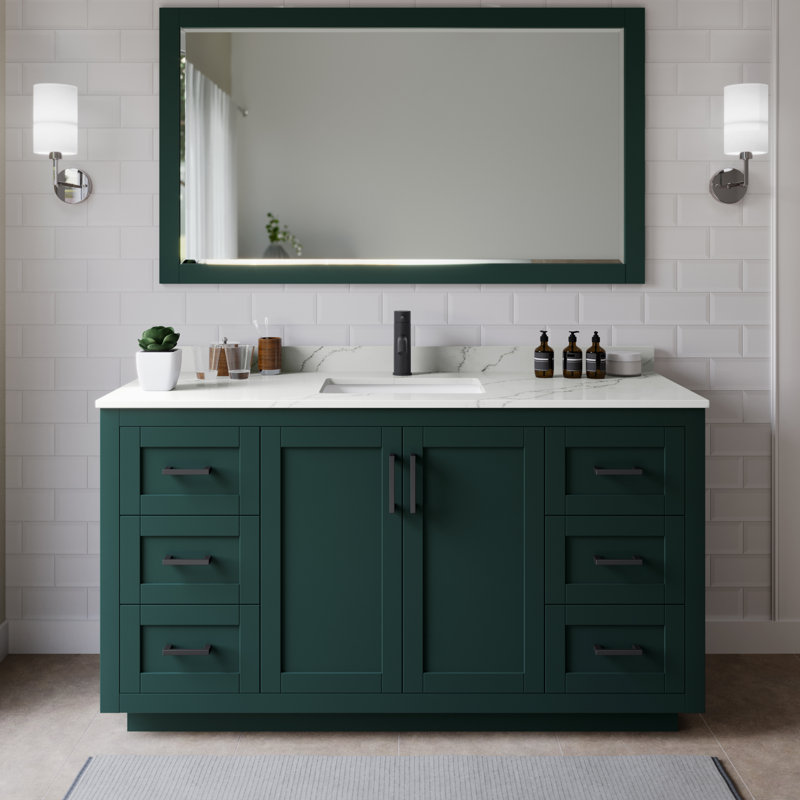 Ensemble de meuble-lavabo simple autoportant 66 po avec plateau en quartz Miranda, Quartz Giotto, Vert, Noir mat