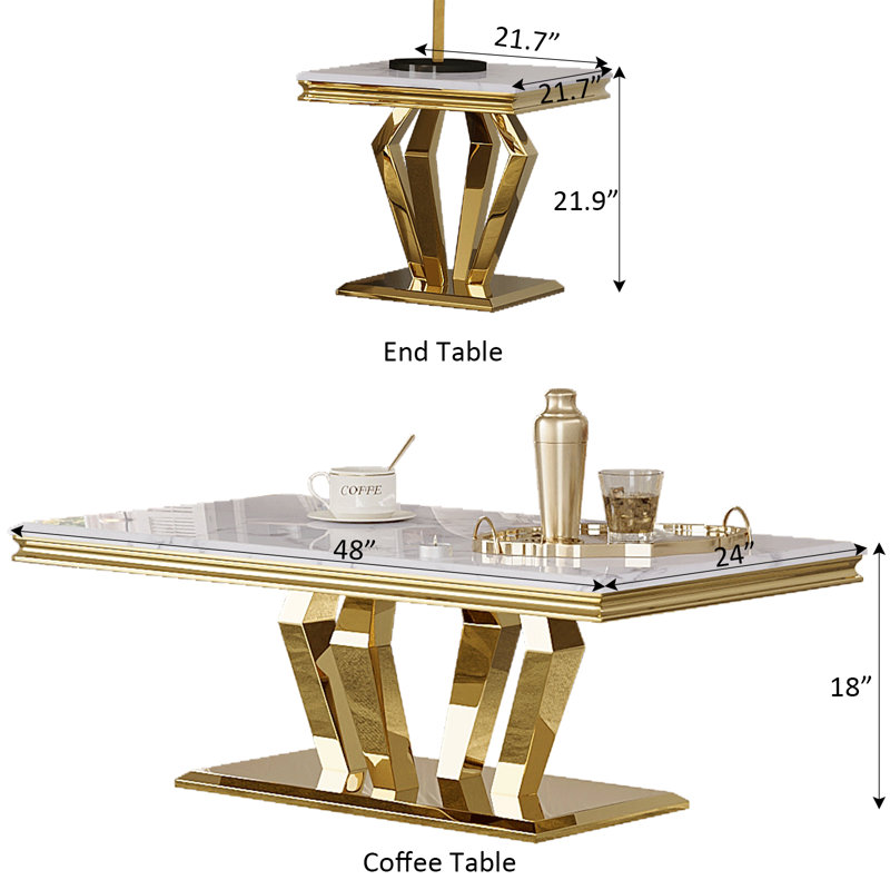 Modern White Marble Coffee Table Set with Gold Diamond-Shaped Base