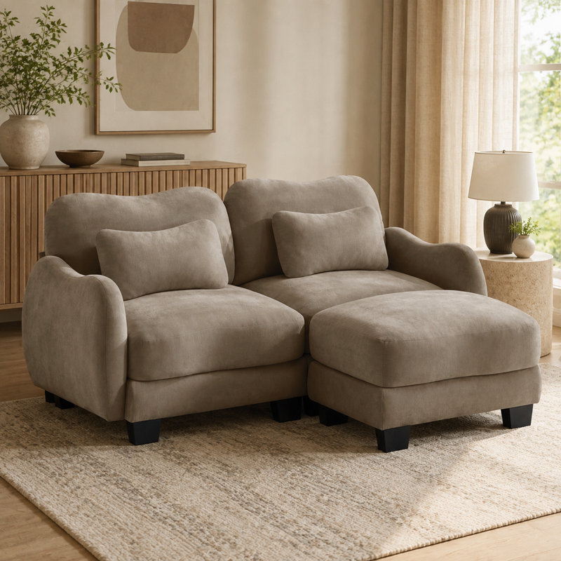 Canapé courbé Rosman avec repose-pieds, repose-pieds et coussins lombaires en chenille, Brun