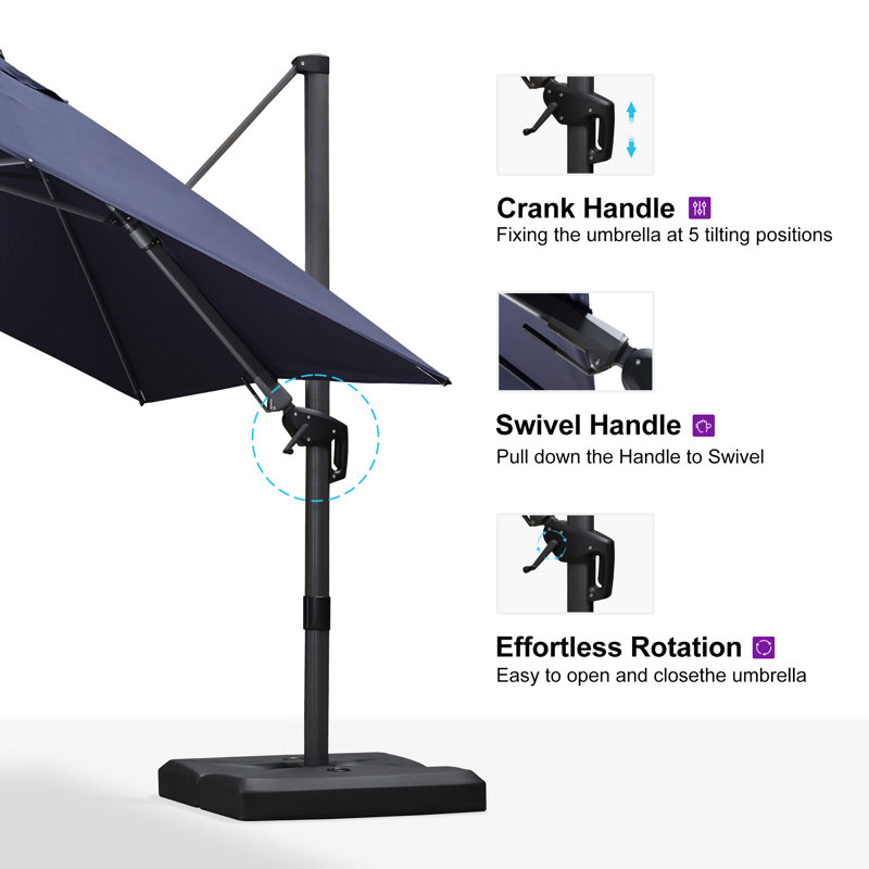 Rocshelle Square Right-left Tilt Swivel Cantilever Umbrella with Base and 360-degree Rotation, Navy, 100.32"H x 120"W x 120"D