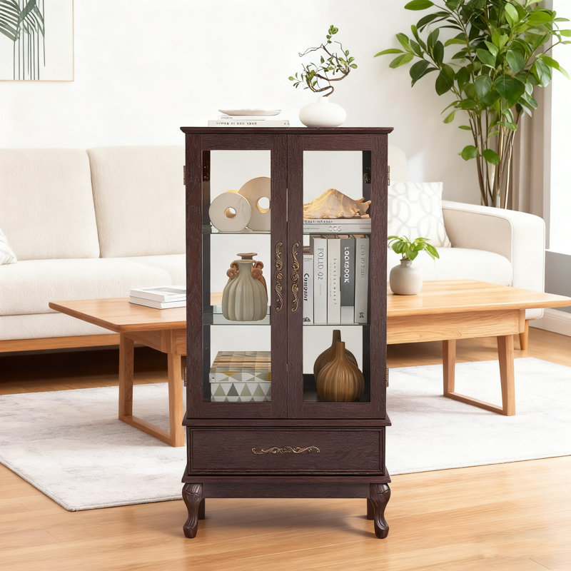 Vitrine lumineuse - tablettes réglables en verre, 2 portes en verre et 1 tiroir, ampoule incluse (25,98 po x 11,81 po x 51,58 po), cerisier