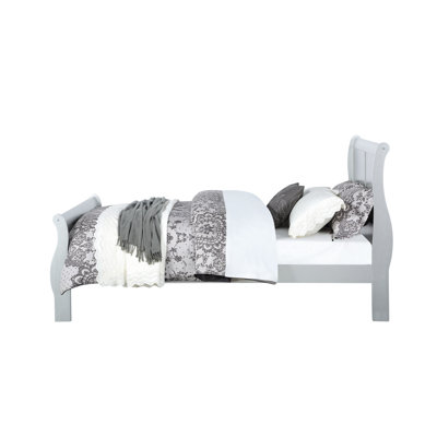 Lit très grand Eastern en platine, 47 po Hauteur, couleur gris argenté, lit à structure en E, finition platine classique, structure en bois