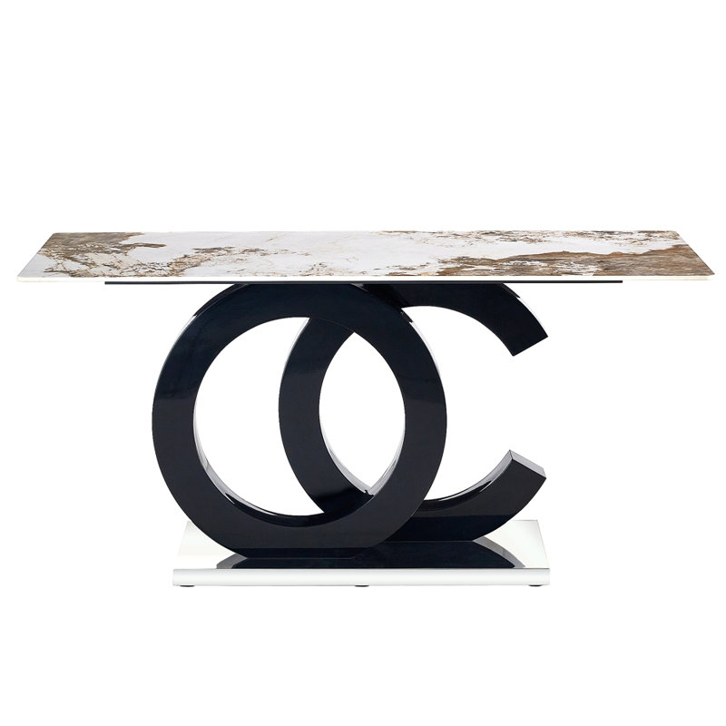Grande table de salle à manger rectangulaire moderne minimaliste convenant à 6 à 8 personnes, équipée d'un bureau de 0,4 pouce, d'un support en bois aggloméré et d'une base en métal