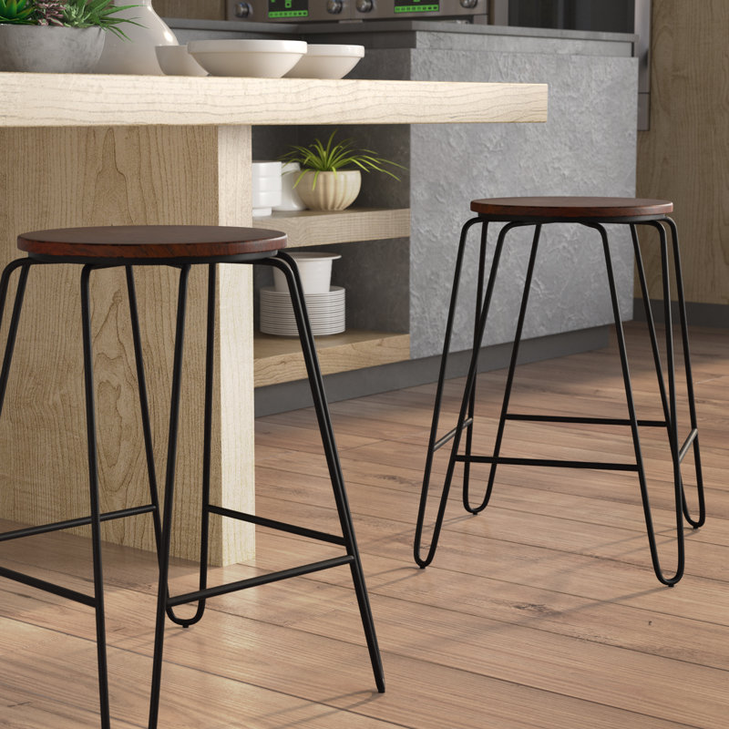 Modern Black 24" Counter Stool with Durable Powder-Coated Iron Legs, Elm, Counter Stool (24" Seat Height), Black