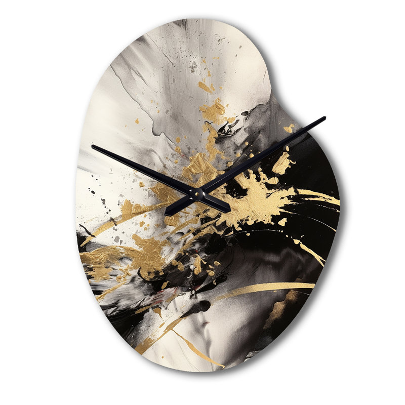 Or et gris fluides Fusion II - horloge asymétrique abstraite en métal, impression d'horloge murale moderne de forme irrégulière