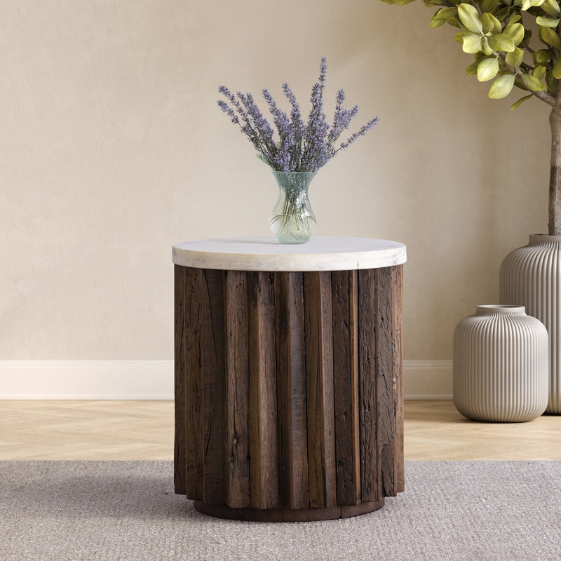 Table à piédestal en bois naturel , Beige/gris, H 17 po x L 15 po x l 15 po