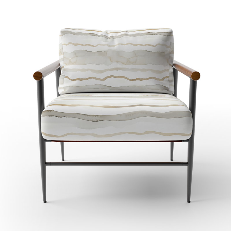 Fauteuil d'appoint rayé gris et blanc, Bras ronds bruns