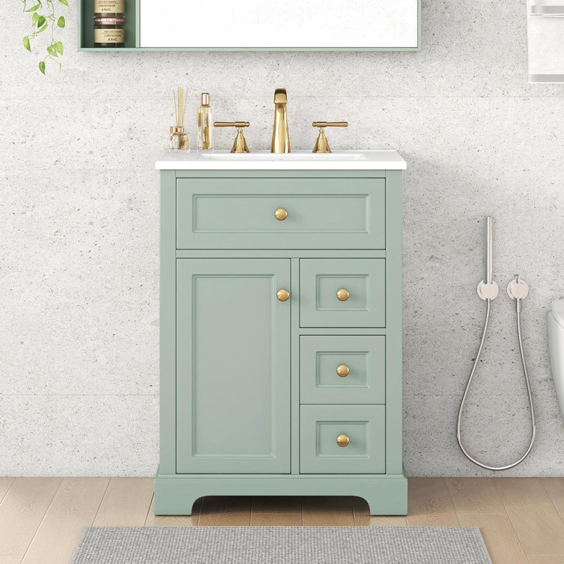 Meuble-lavabo de salle de bain avec support de rangement à 2 niveaux, Vert
