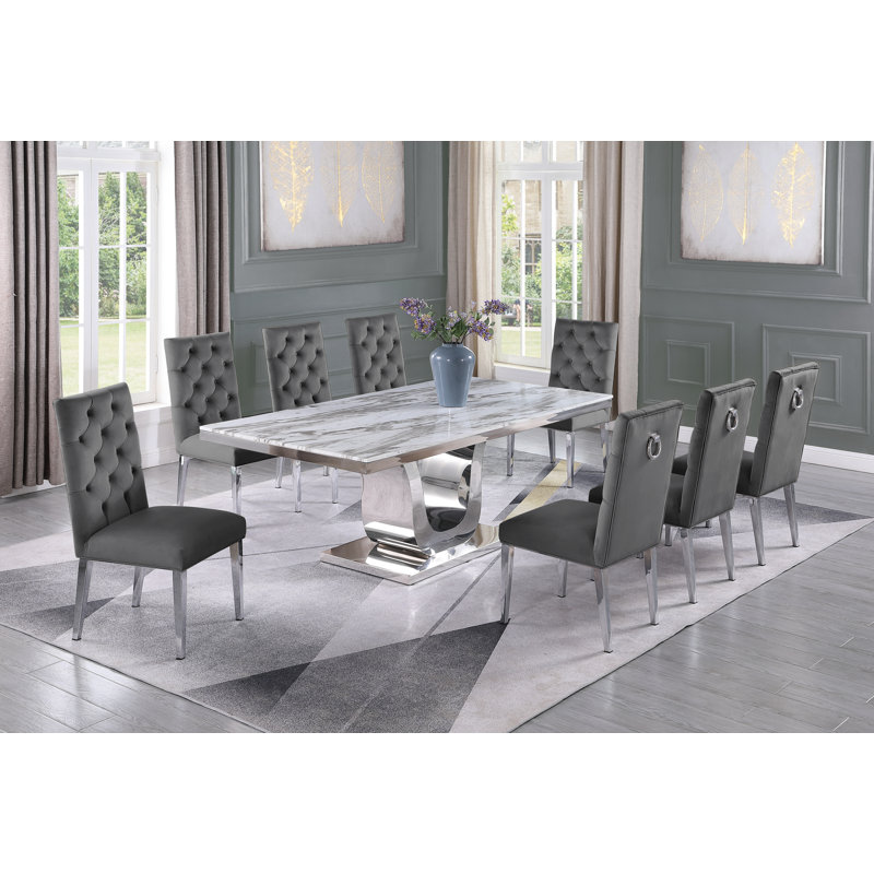 Bernadette 9-Piece Velvet Upholstered Dining Set, Gray