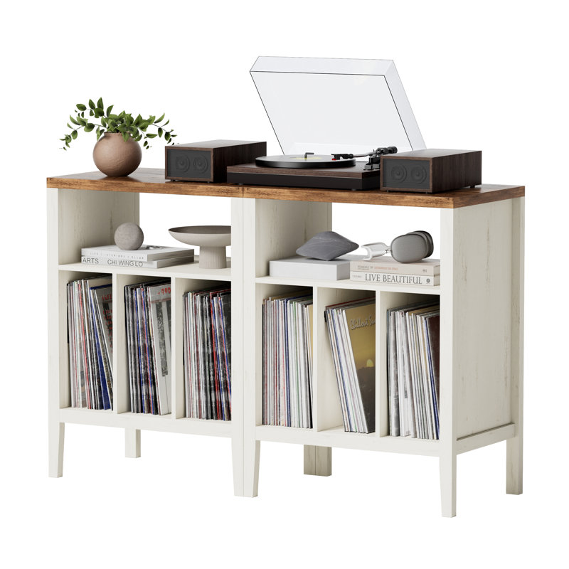 Support de tourne-disque en bois Farmhouse pour chambre à coucher et salon, Rustic White/Honey Brown