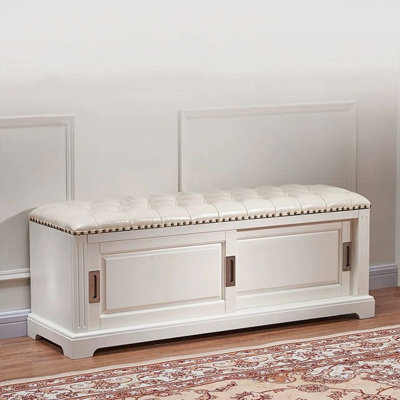 White Solid Wood Genuine Leather Upholstered Bench