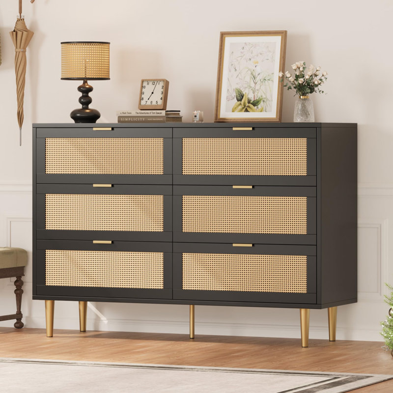 42.5" Wide Farmhouse Dresser for Bedroom, 6 Drawers, Rattan Wood Chest with Gold Handles, Chest for Closet, Black