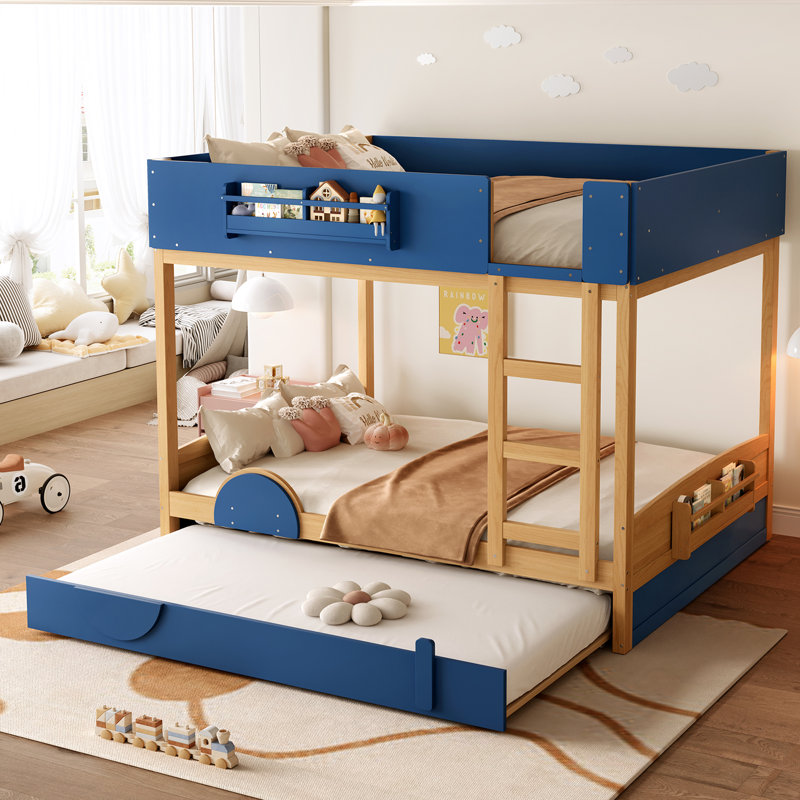 Queen Bunk Bed with Trundle, Wood Frame with Built-in Bookshelf & Safety Guardrail, Automobile Design for Kids, Blue/Natural