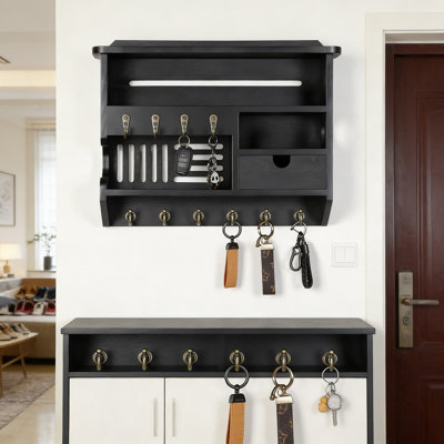 Wall Mounted Key Holder With Mail Organizer And Storage Drawer, 10 Heavy-Duty Hooks For Entryway, Solid Wood Construction, Easy Installation Home And Office Decor