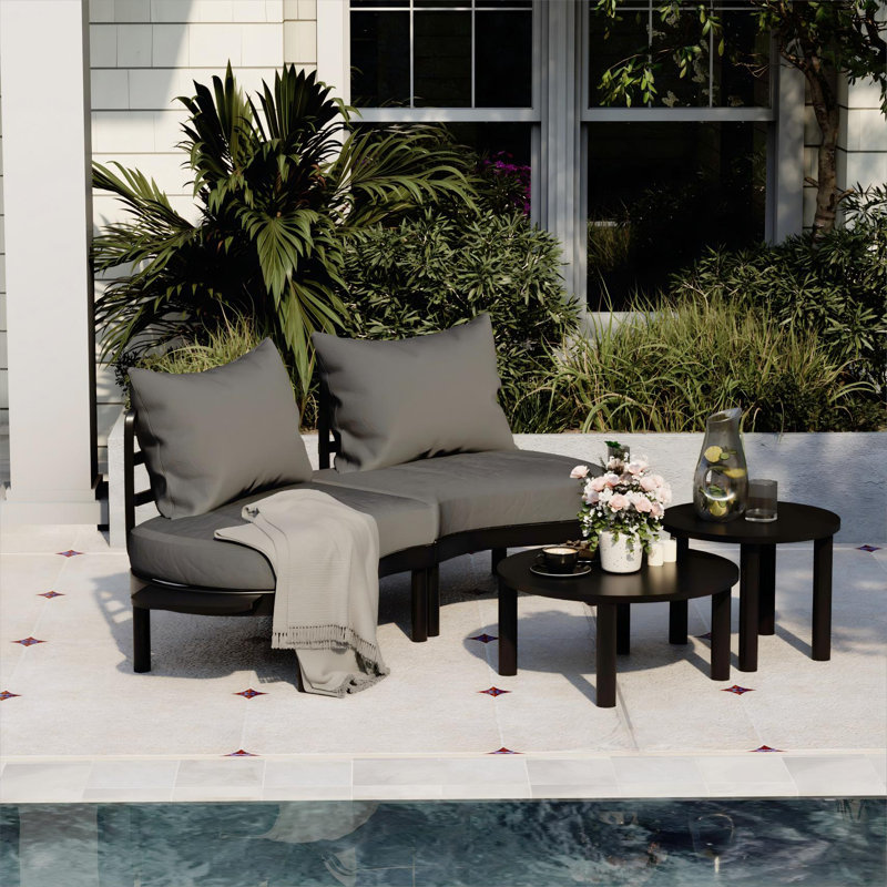 Patio Curved Sofa with Coffee Table, Black Cushion/Dark Gray Frame