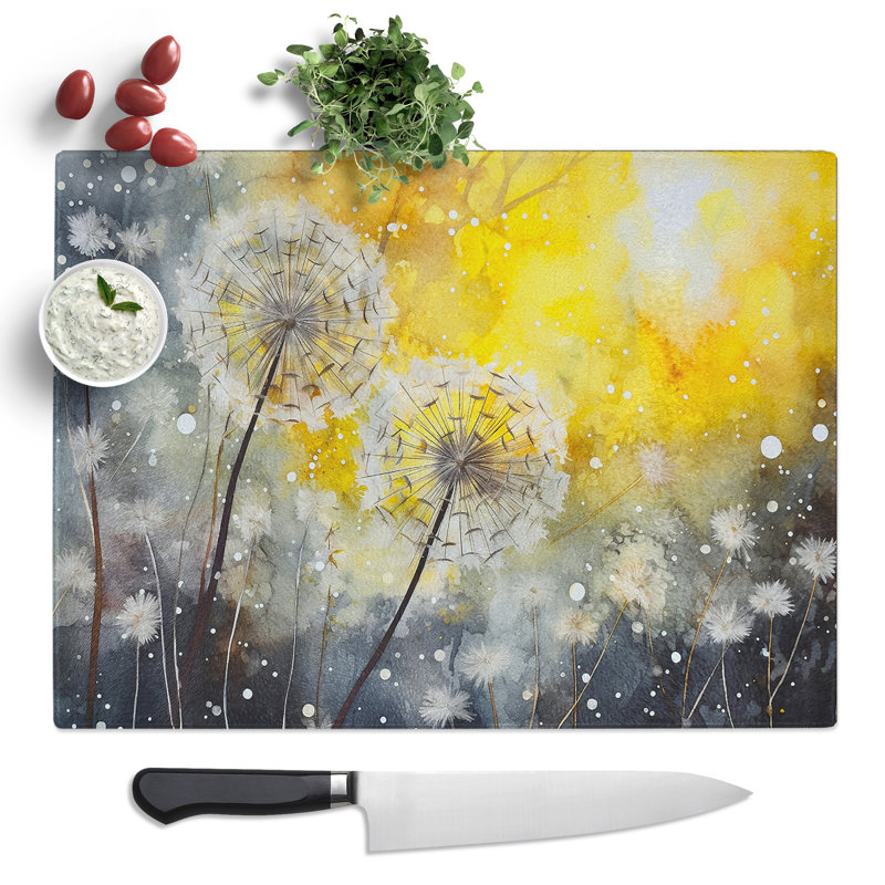 Dandelion Watercolour No.2  Glass Chopping Board