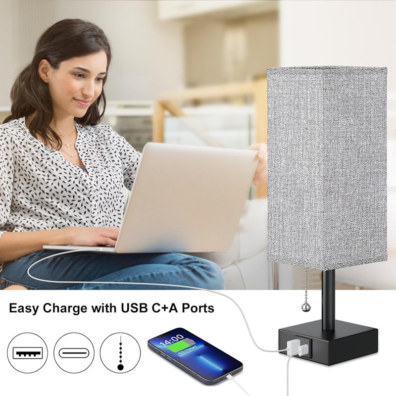 Lampe de chevet de chambre à coucher avec ports USB Ebern Designs: lampe de table grise avec USB C et table de chevet avec ports de charge, lampe de bureau compacte pour garçon, sans ampoule incluse