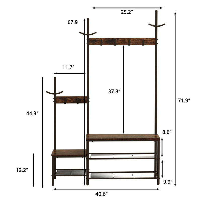 Industrial 3 - in - 1 Rustic Brown Hall Tree Rack & Shoe Bench