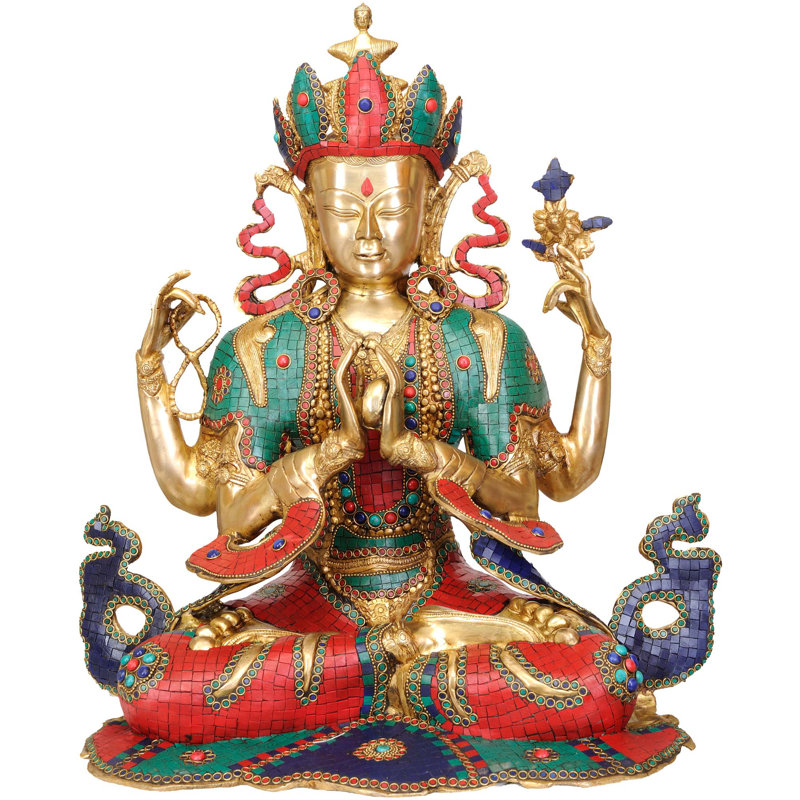 Statue bouddhiste tibétaine - incrustation de Chenrezig (Shadakshari Lokeshvara)