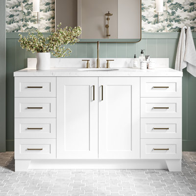 Meuble-lavabo simple en bois massif 60 po Frawley avec plateau en quartz 1,5 po