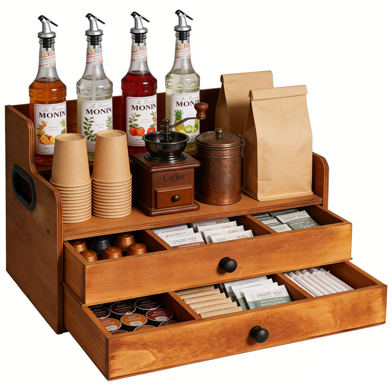 Organisateur de station de café rustique en bois avec 2 tiroirs, support de comptoir à 2 niveaux pour bar à café, sirops, K-Cups et accessoires de cuisine, l 14,4 po x P 8,8 po x H 10,7 po