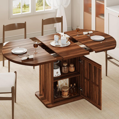 59" Extendable Round Dining Table for 4-6 with 2-Tier Storage, Walnut