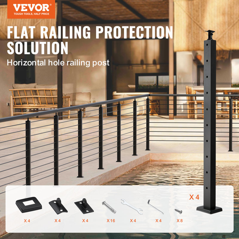 VEVOR Steel Cable Railing Post with Pre-Drilled Horizontal Holes for Deck, 36" H x 1" W x 2" D