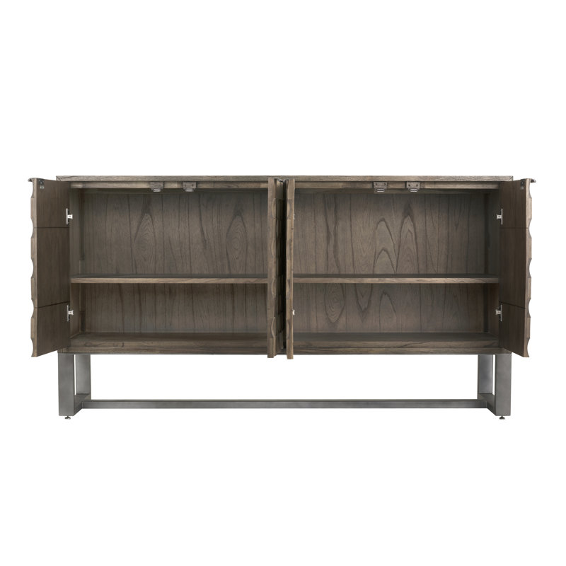 Aadhithya 68" Teak Wood 4-Door Cabinet with Hand Laid Solid Teak 2-Tone Tile Door Facades & Metal Base
