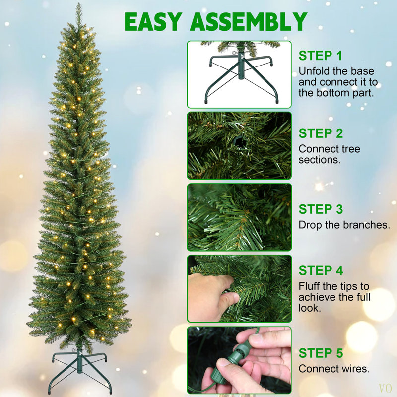 Arbre de Noël 6 pi avec 150 lumières DEL chaudes - arbre en PVC mince avec 358 pointes, conception compacte, support en métal stable, facile à assembler