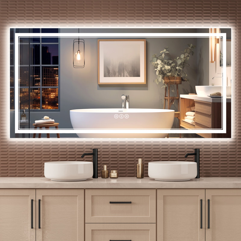 Miroir de salle de bain à DEL avec éclairage: avant et rétroéclairé, verre trempé, 3 couleurs, intensité variable, IRC 90+, désembuage
