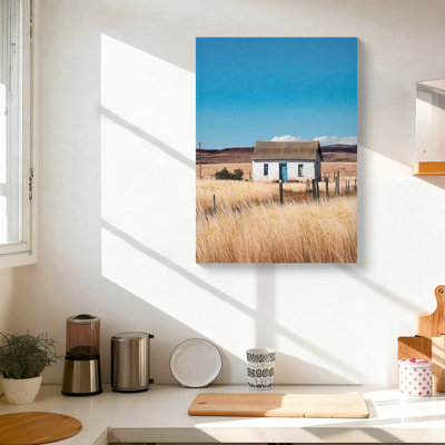 - Peinture sur toile de style champ ensoleillé et chalet blanc pour la salle de bain bureau salon chambre à coucher galerie art campagne rétro avec prairies dorées fleurs jaunes
