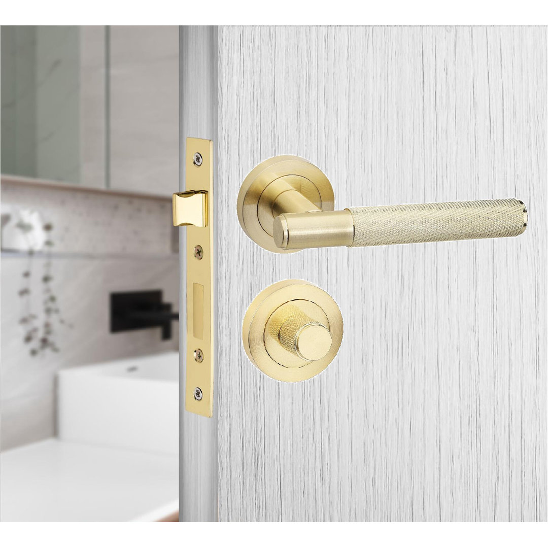 Knurled T-Bar Bathroom Door Handle Set in Satin Brass with Thumbturn and Mortise Lock