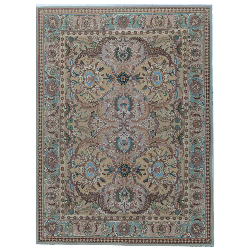 Tapis doré et vert noué à la main de haute qualité