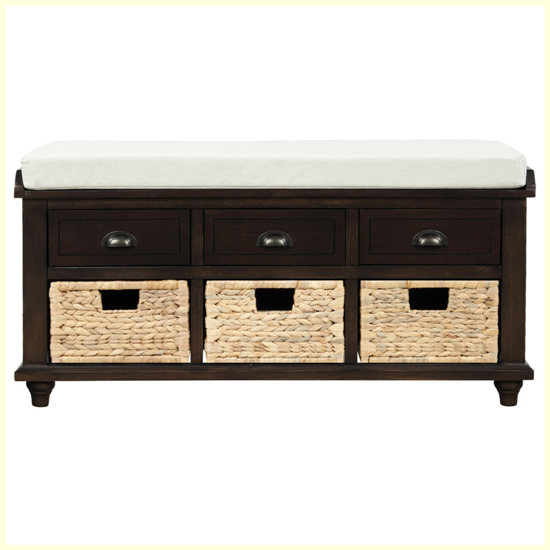 Rustic Storage Bench with 3 Drawers and 3 Rattan Baskets for Living Room, Entryway, Espresso